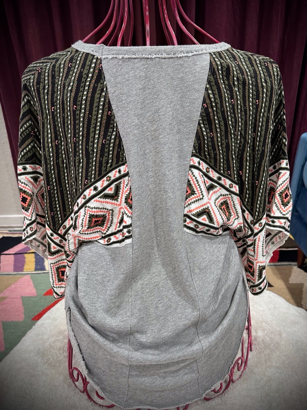 Free People Gray Short-Sleeve Tee with Patterned Sleeve Panels